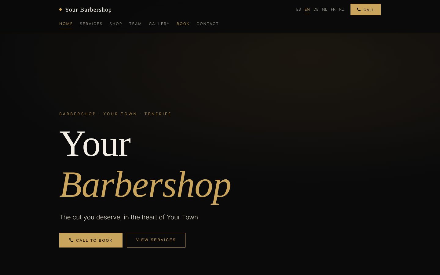 Home page of the barbershop demo: large serif name in white and gold on black, with call to book buttons