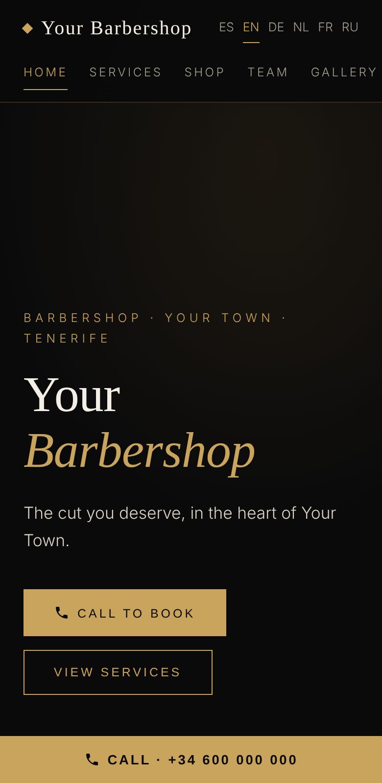 The same site on a phone, with a call button fixed at the bottom