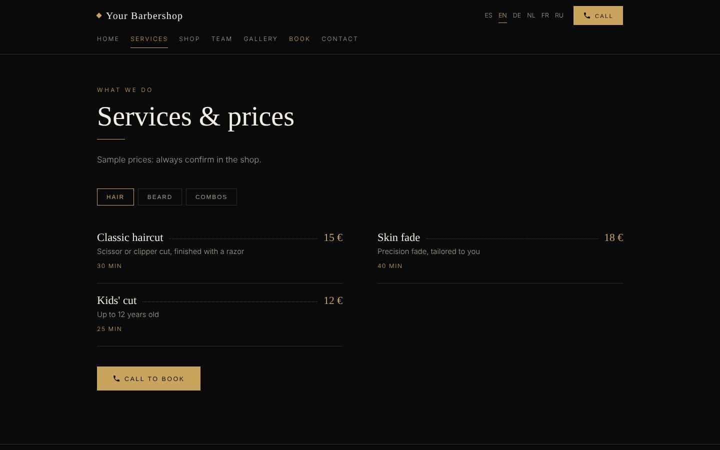 Services page with haircut prices and durations