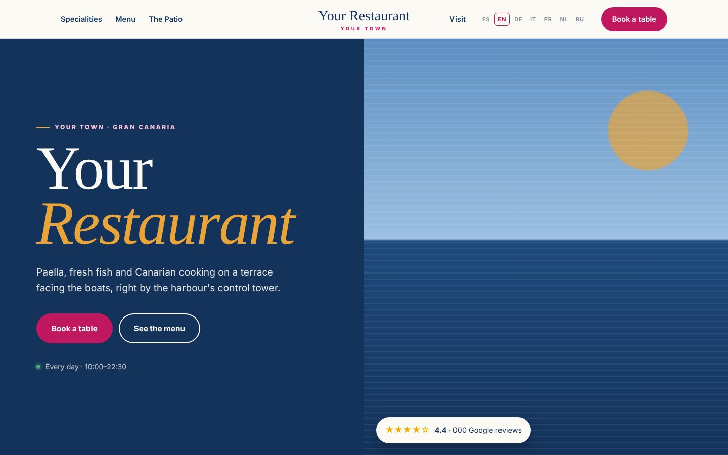Home page of the harbour restaurant demo: navy and orange name beside a drawn sea and sun