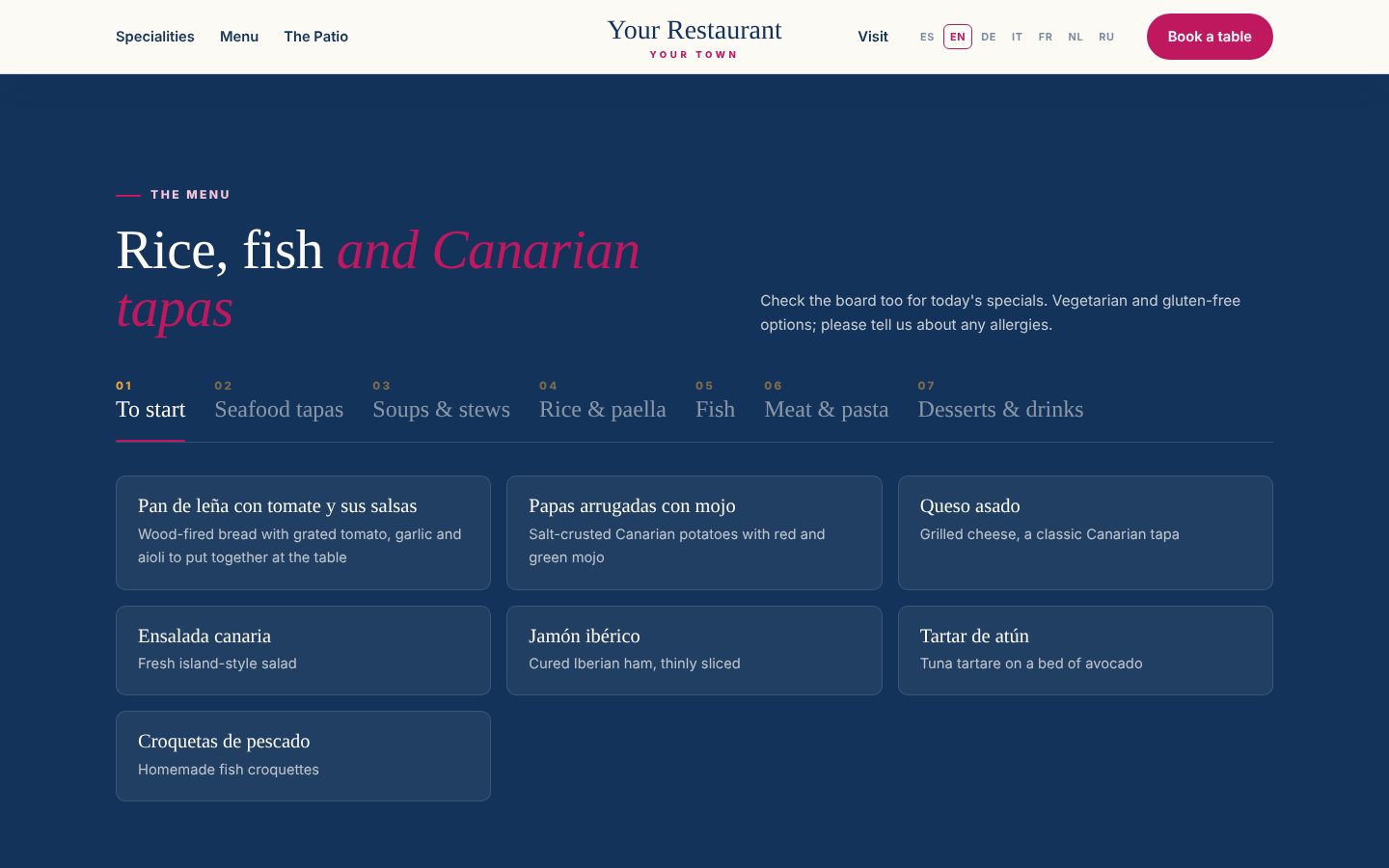 Menu with seven tabs from starters to desserts