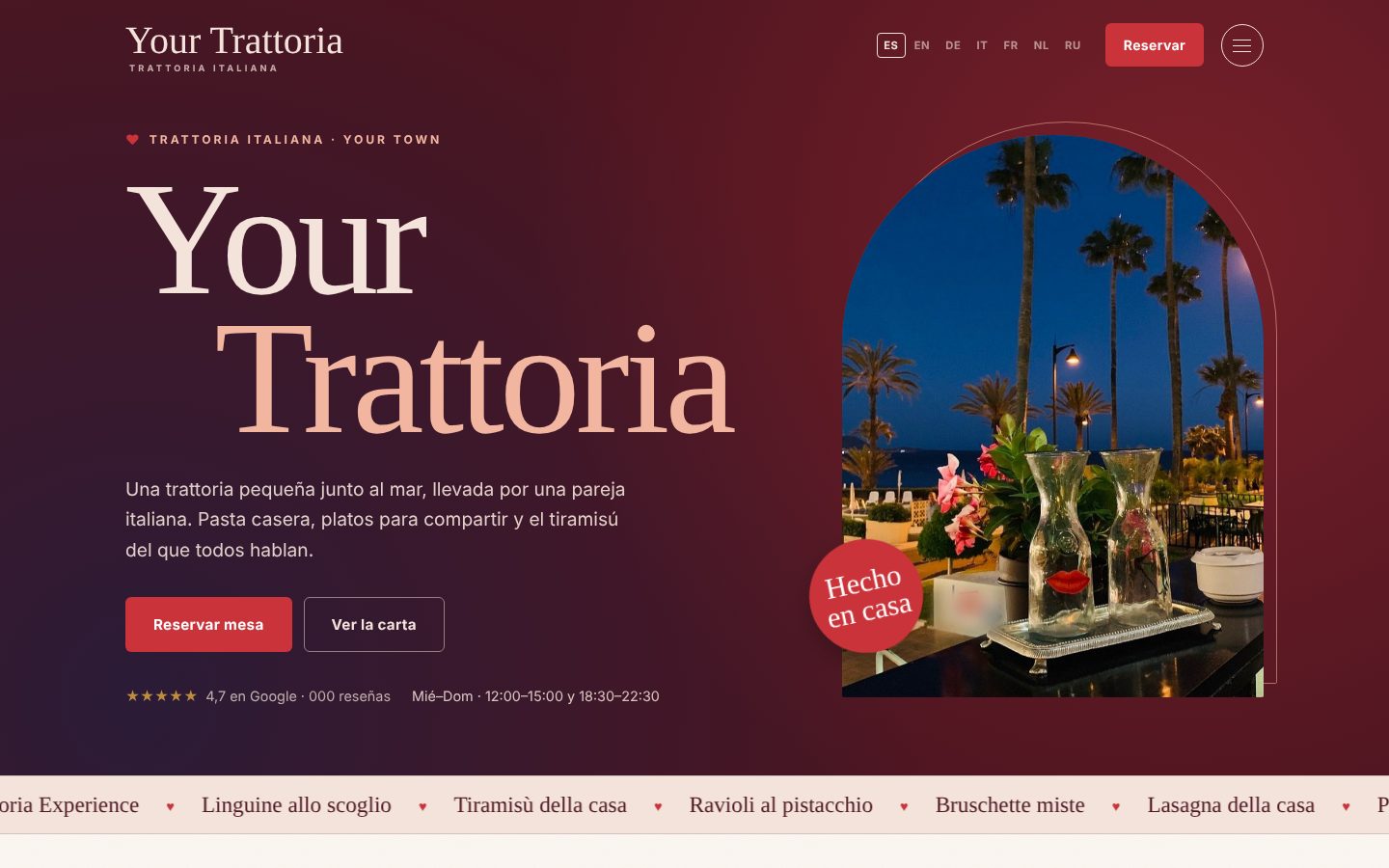 Home page of the Italian trattoria demo: large name on deep red with a terrace photo in an arch