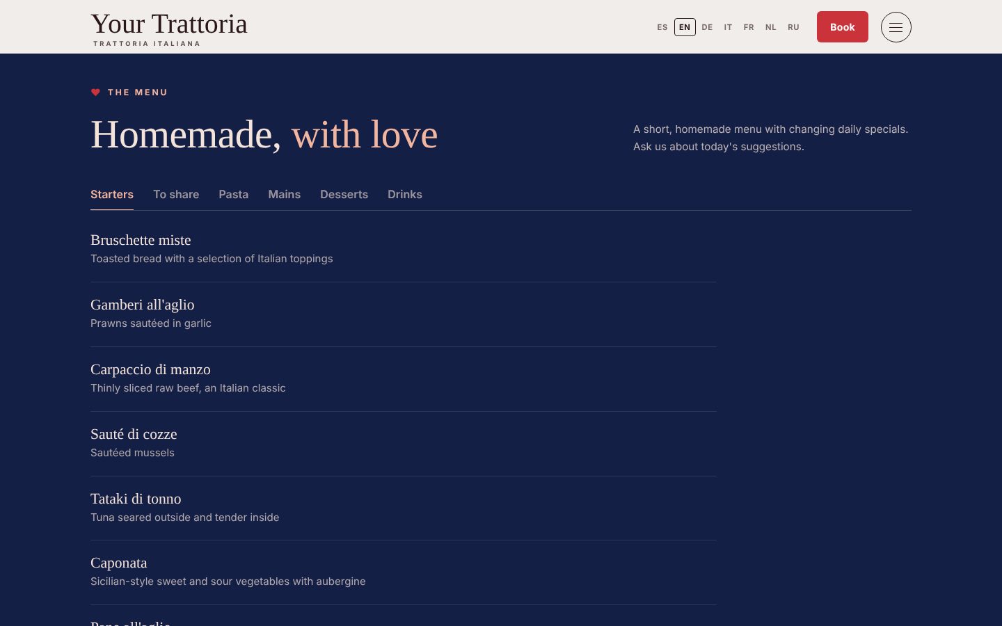 Menu section with starters listed on navy blue
