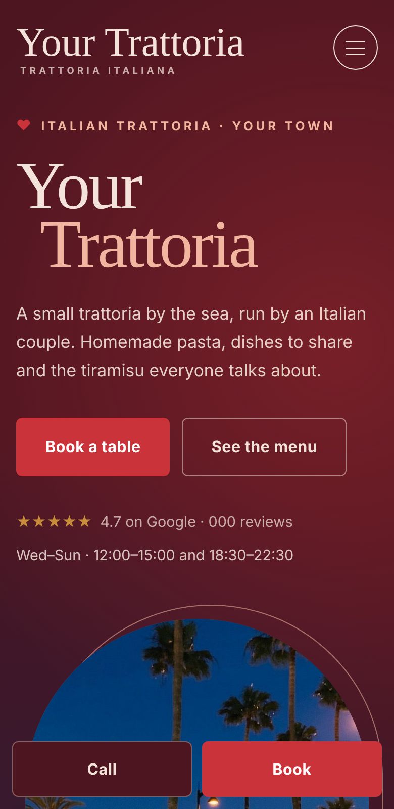 The same site on a phone, with call and book buttons fixed at the bottom